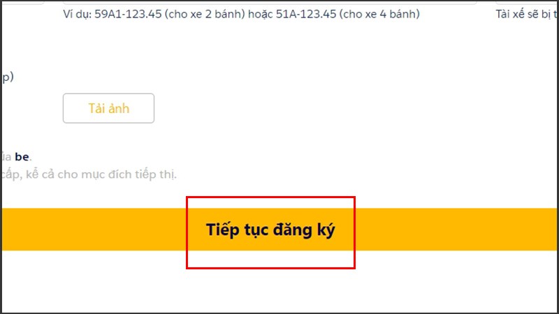 Bạn nhấn vào mục "Tiếp tục đăng ký".