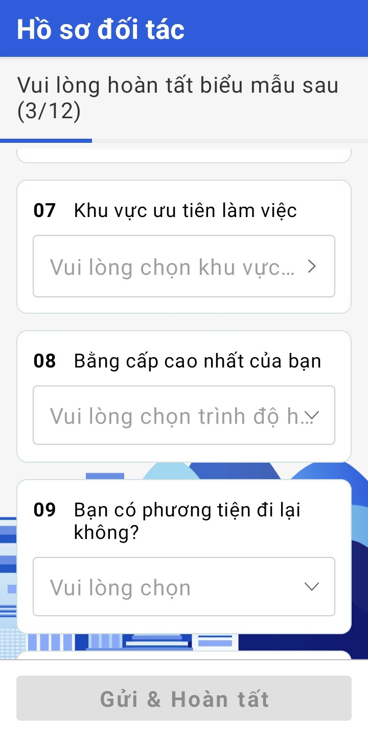 Nhập thông tin về khu vực làm việc bạn mong muốn, bằng cấp và phương tiện đi lại