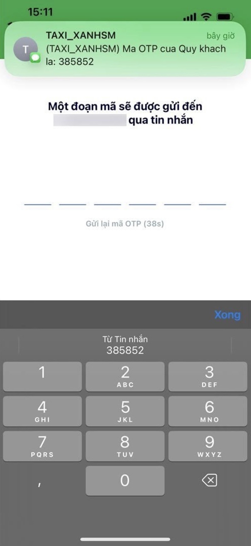 Nhập mã OTP được gử đến số điện thoại.