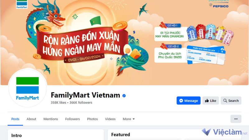 Giao diện trang fanpage chính thức của FamilyMart Việt Nam