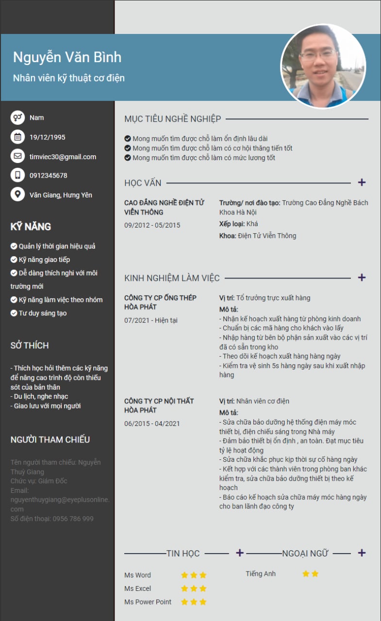 CV Nhân viên kỹ thuật cơ điện tử (Nguồn:Internet)