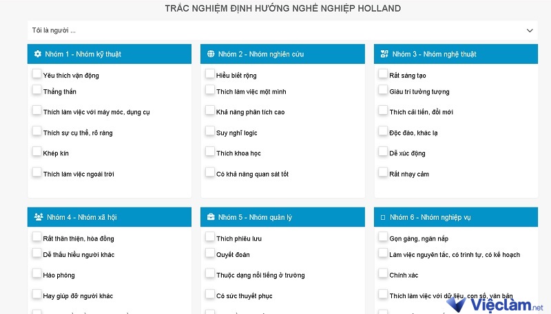 Bảng làm trắc nghiệm Holland mà bạn có thể tham khảo