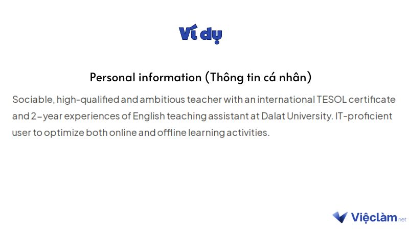 Ví dụ phần personal information (thông tin cá nhân) trong CV English Teacher