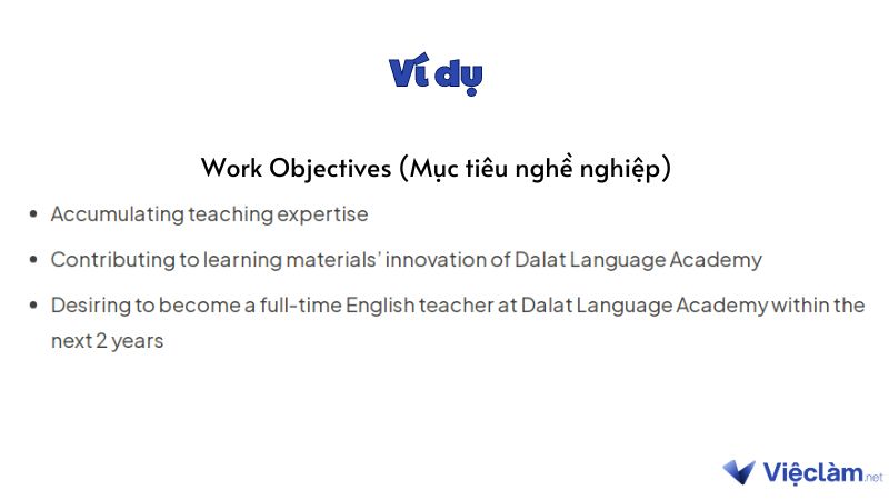 Ví dụ phần work objectives (mục tiêu nghề nghiệp) trong CV English Teacher