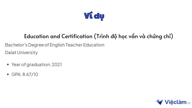 Ví dụ phần education and certification (trình độ học vấn và chứng chỉ) trong CV English Teacher