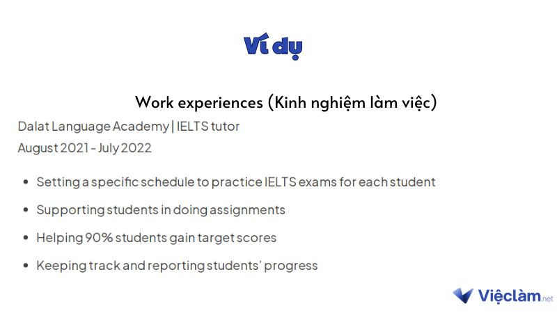 Ví dụ phần work experiences (kinh nghiệm làm việc) trong CV English Teacher