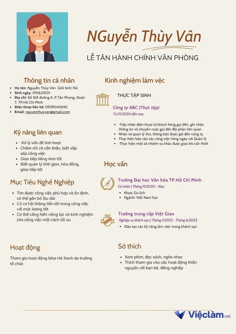 Mẫu 1:  CV lễ tân hành chính văn phòng