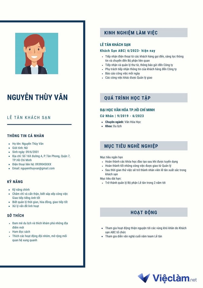 Mẫu 1: CV lễ tân khách sạn