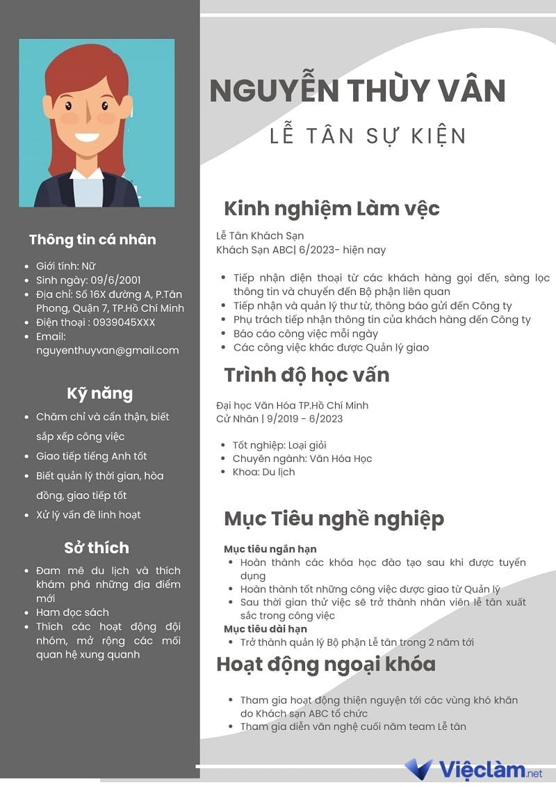 Mẫu 1: CV lễ tân sự kiện