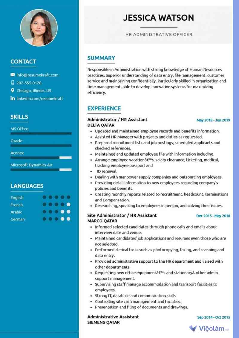 CV tiếng Anh hành chính nhân sự