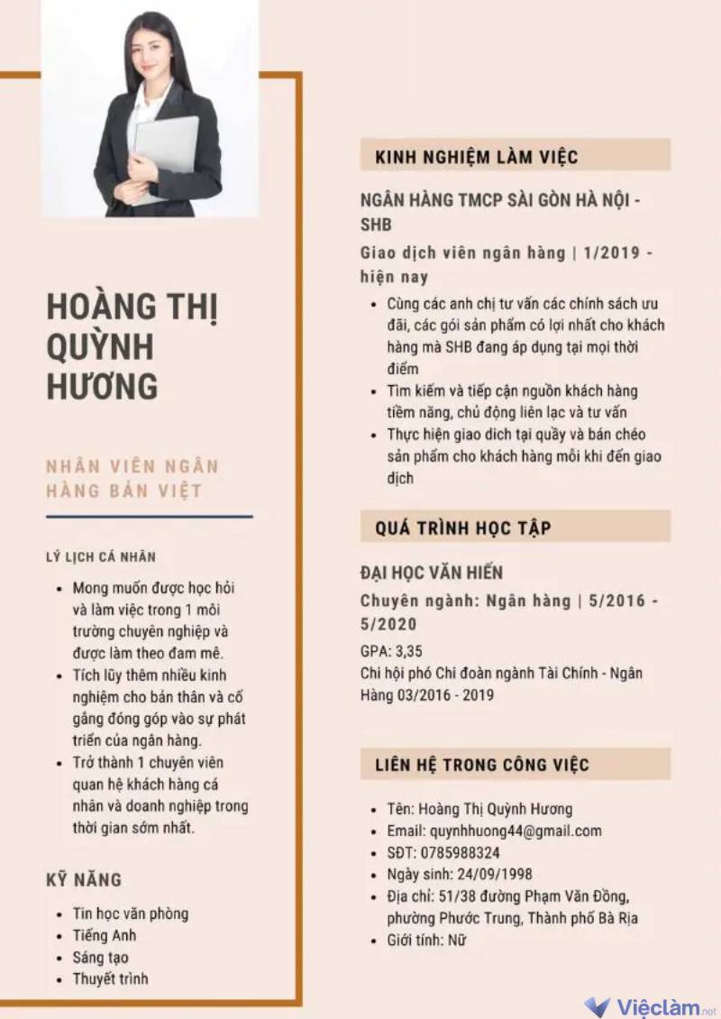 Mẫu CV xin việc ngân hàng Bản Việt (Timo)