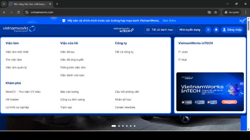 Giao diện trang tuyển dụng VietnamWorks