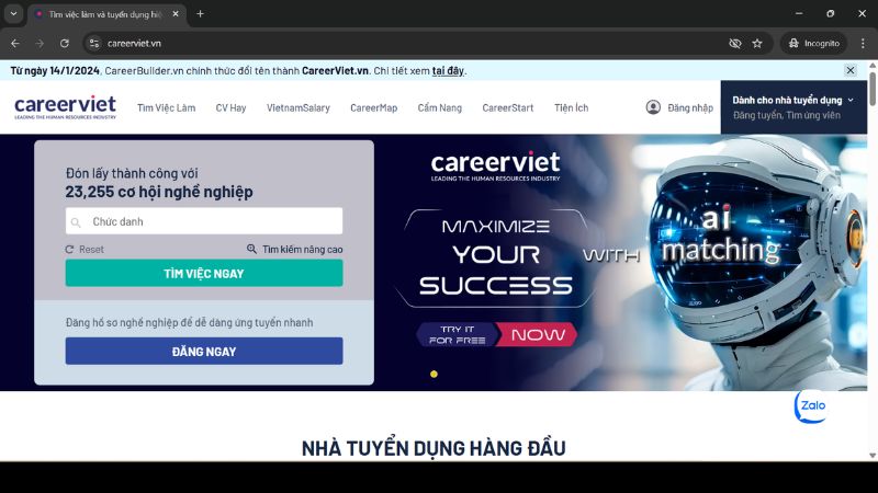 Giao diện trang tuyển dụng CareerViet