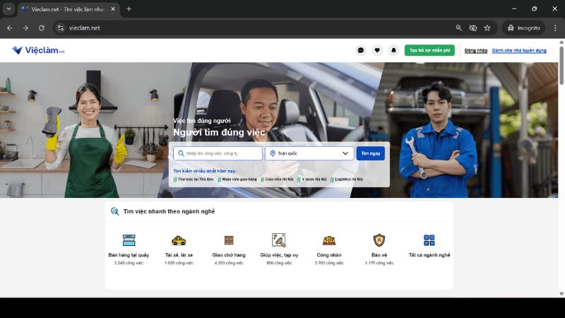 Giao diện trang tuyển dụng và tìm việc Vieclam.net