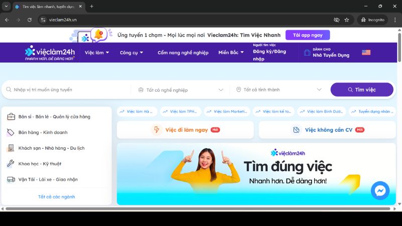 Giao diện của trang tuyển dụng Vieclam24h