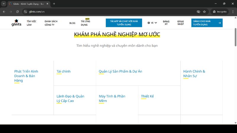 Giao diện của trang tuyển dụng Glints