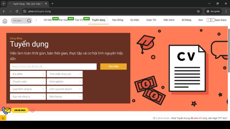 Giao diện của website tuyển dụng YBOX