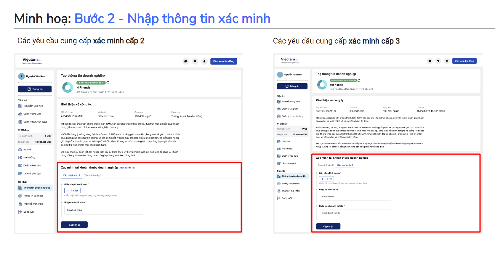 Nhập thông tin xác minh doanh nghiệp