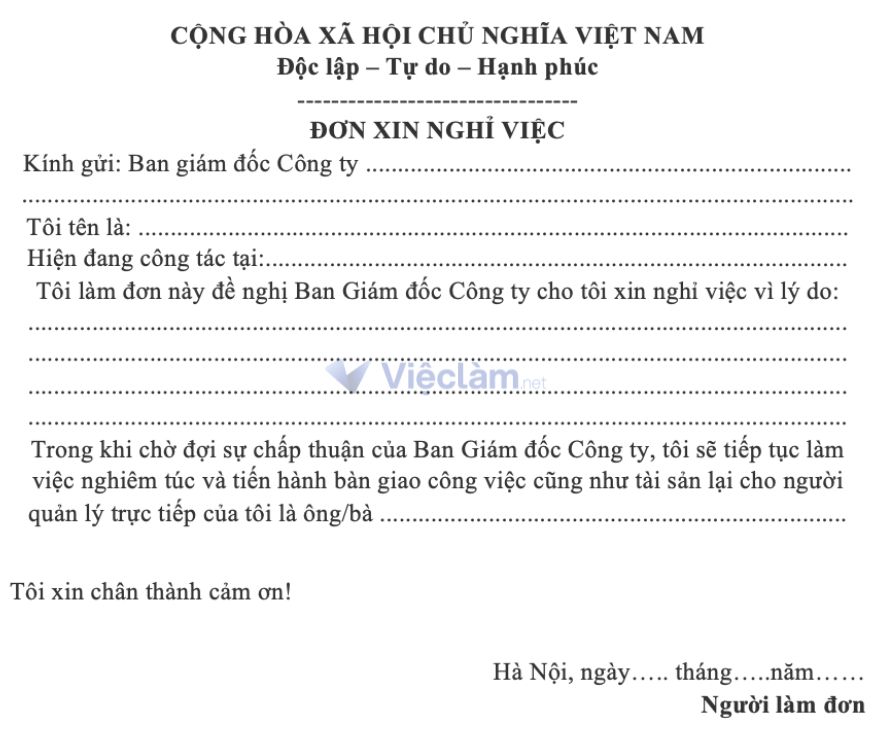 Mẫu đơn xin nghỉ việc số 1