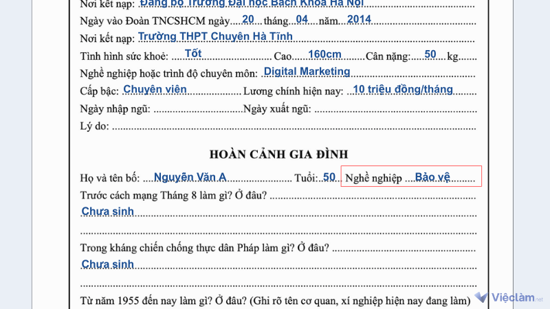 Ví dụ nghề nghiệp của bố mẹ trong sơ yếu lý lịch