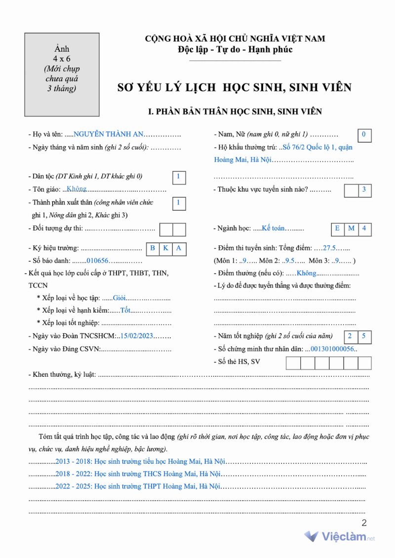 Mẫu sơ yếu lý lịch học sinh sinh viên mới nhất 2025 Phần bản thân học sinh, sinh viên