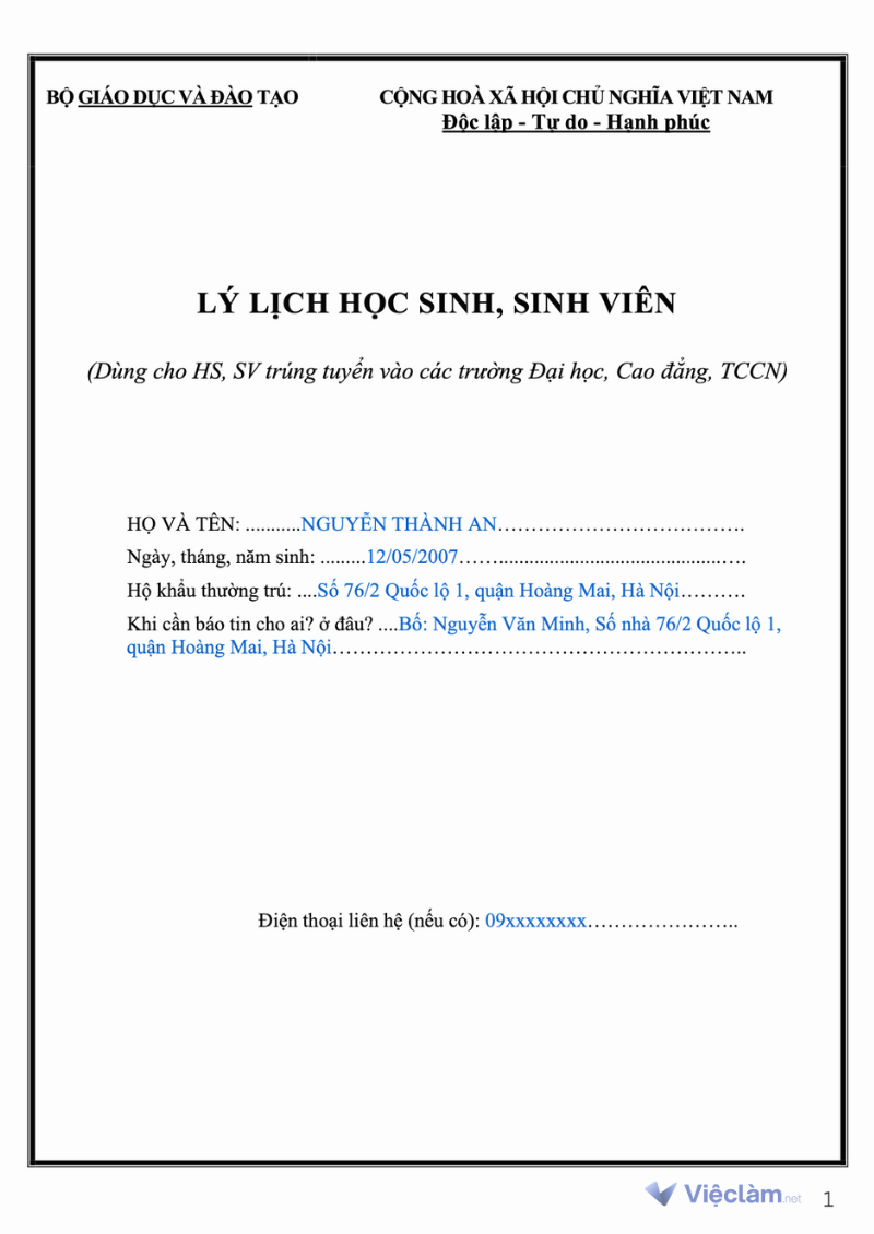 Mẫu sơ yếu lý lịch học sinh sinh viên mới nhất 2025 Bìa ngoài sơ yếu lý lịch học sinh sinh viên