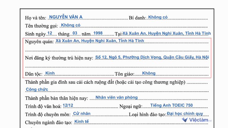 Thông tin quê quán trong sơ yếu lý lịch