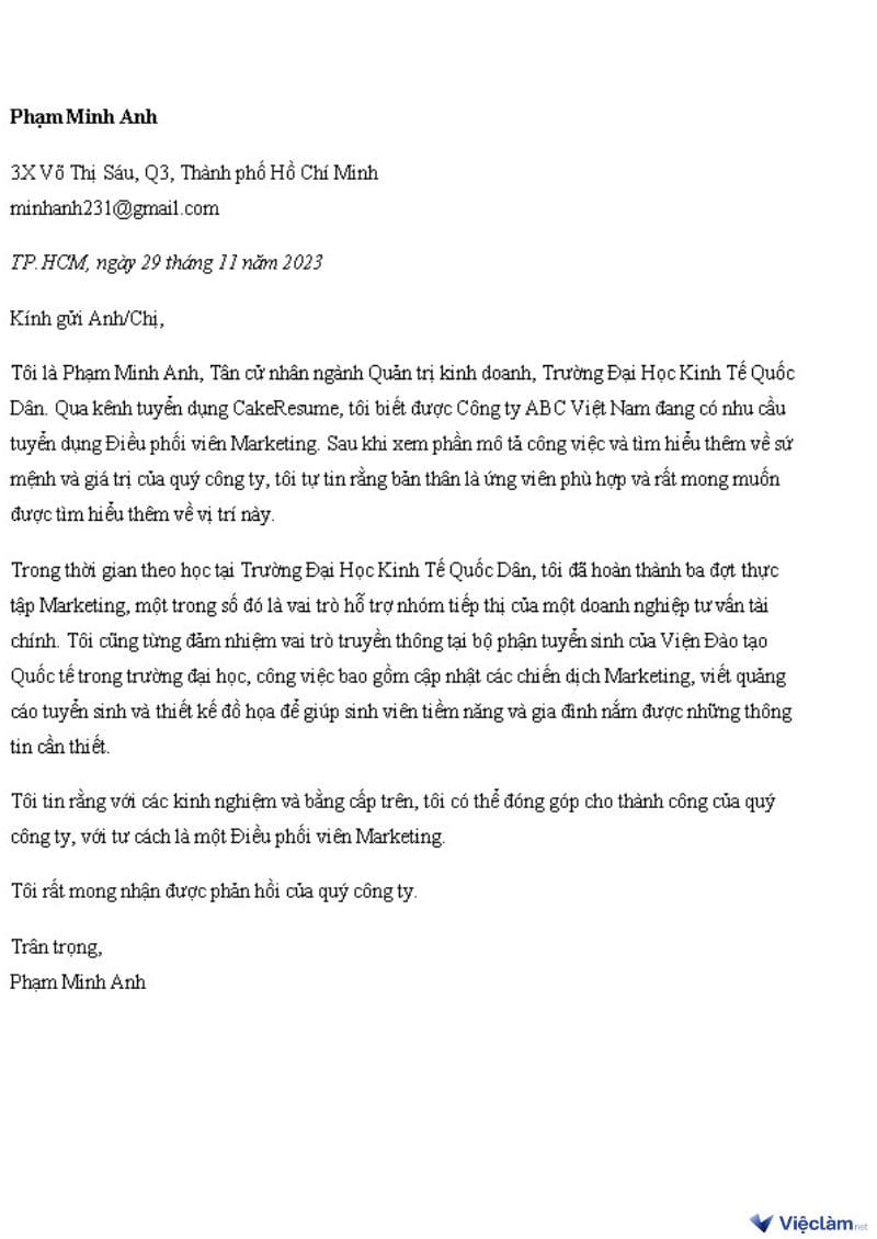 Tổng hợp mẫu Cover Letter ấn tượng giúp bạn chinh phục nhà tuyển dụng Mẫu Cover Letter dành cho sinh viên mới ra trường