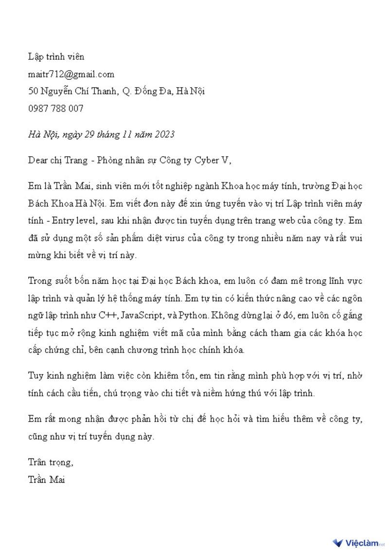 Tổng hợp mẫu Cover Letter ấn tượng giúp bạn chinh phục nhà tuyển dụng Cover Letter dành cho nhân viên kinh doanh
