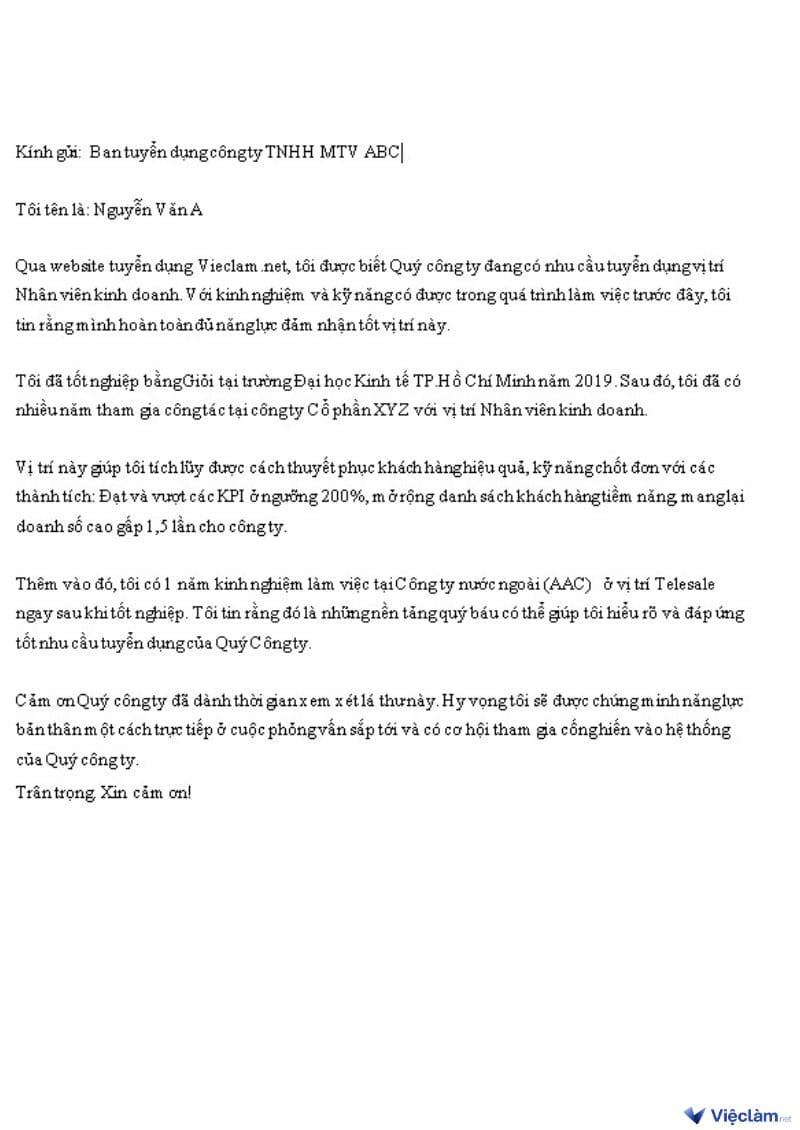 Tổng hợp mẫu Cover Letter ấn tượng giúp bạn chinh phục nhà tuyển dụng Mẫu Cover Letter dành cho Nhân viên kinh doanh đã có kinh nghiệm