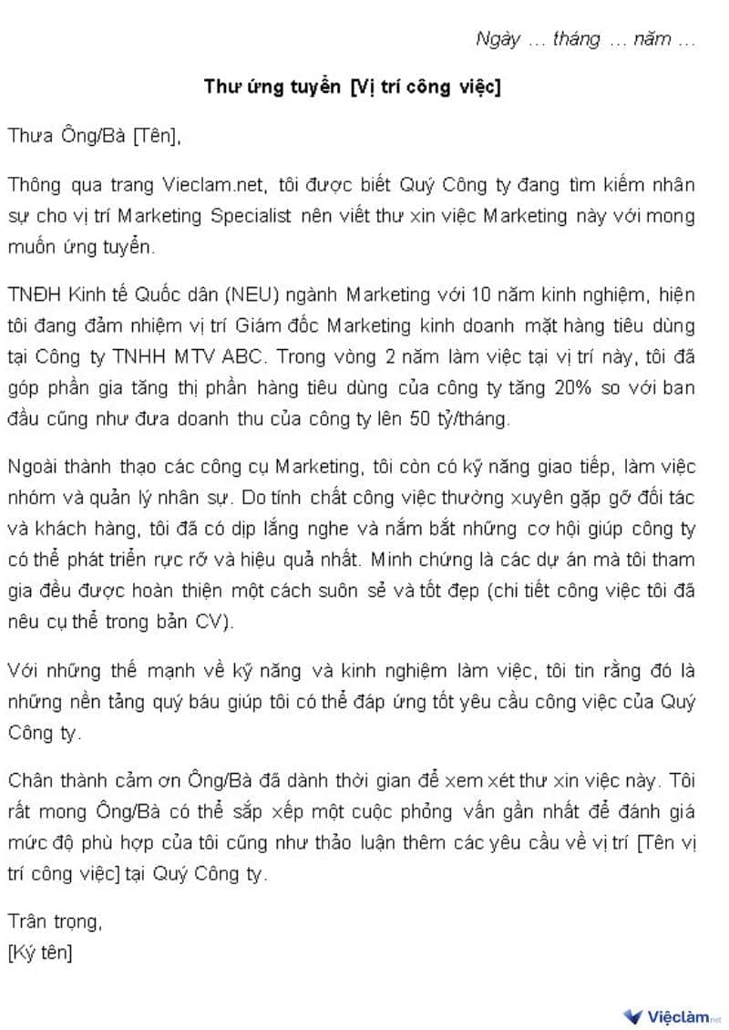 Tổng hợp mẫu Cover Letter ấn tượng giúp bạn chinh phục nhà tuyển dụng Mẫu Cover Letter dành cho nhân viên Marketing