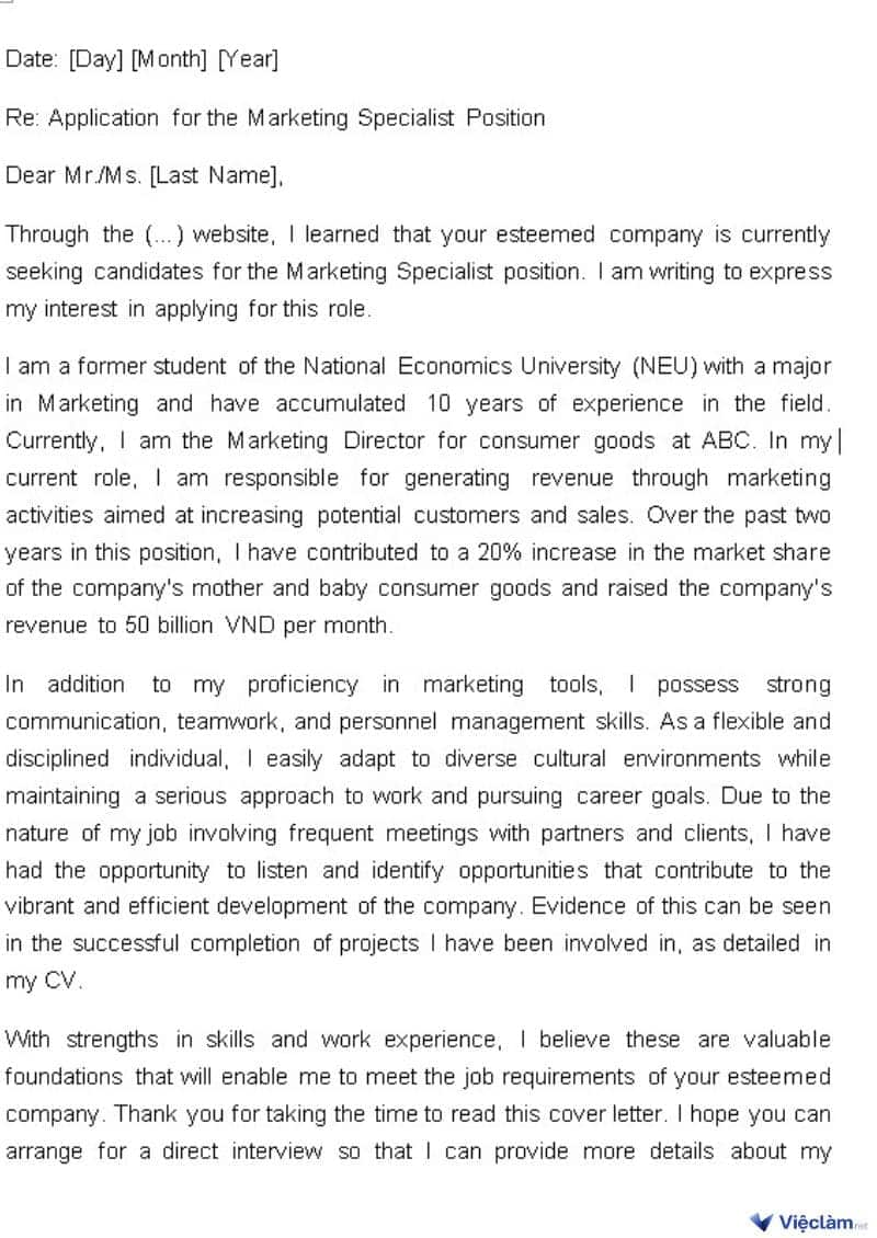 Tổng hợp mẫu Cover Letter ấn tượng giúp bạn chinh phục nhà tuyển dụng Mẫu Cover Letter dành cho nhân viên Marketing bằng tiếng Anh
