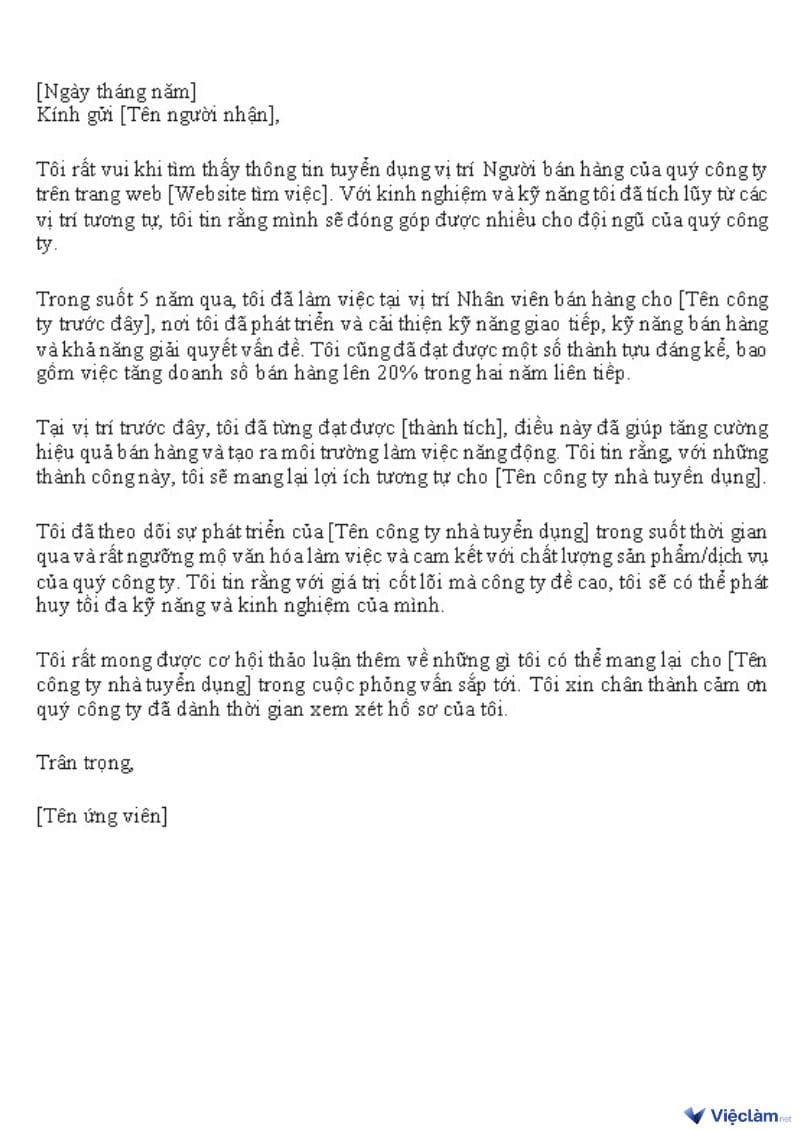 Tổng hợp mẫu Cover Letter ấn tượng giúp bạn chinh phục nhà tuyển dụng Cover Letter dành cho nhân viên bán hàng