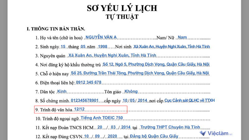 Cách ghi trình độ văn hóa  trong sơ yếu lý lịch