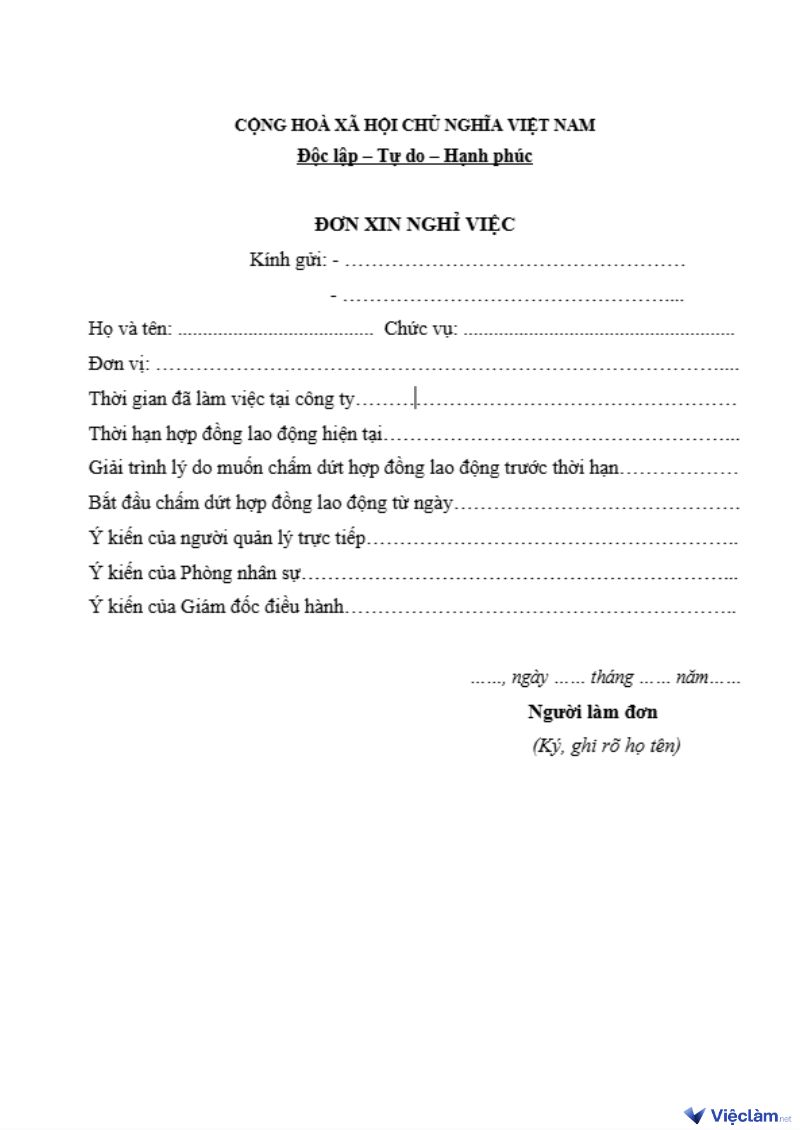 Mẫu đơn xin nghỉ việc viết tay phổ biến