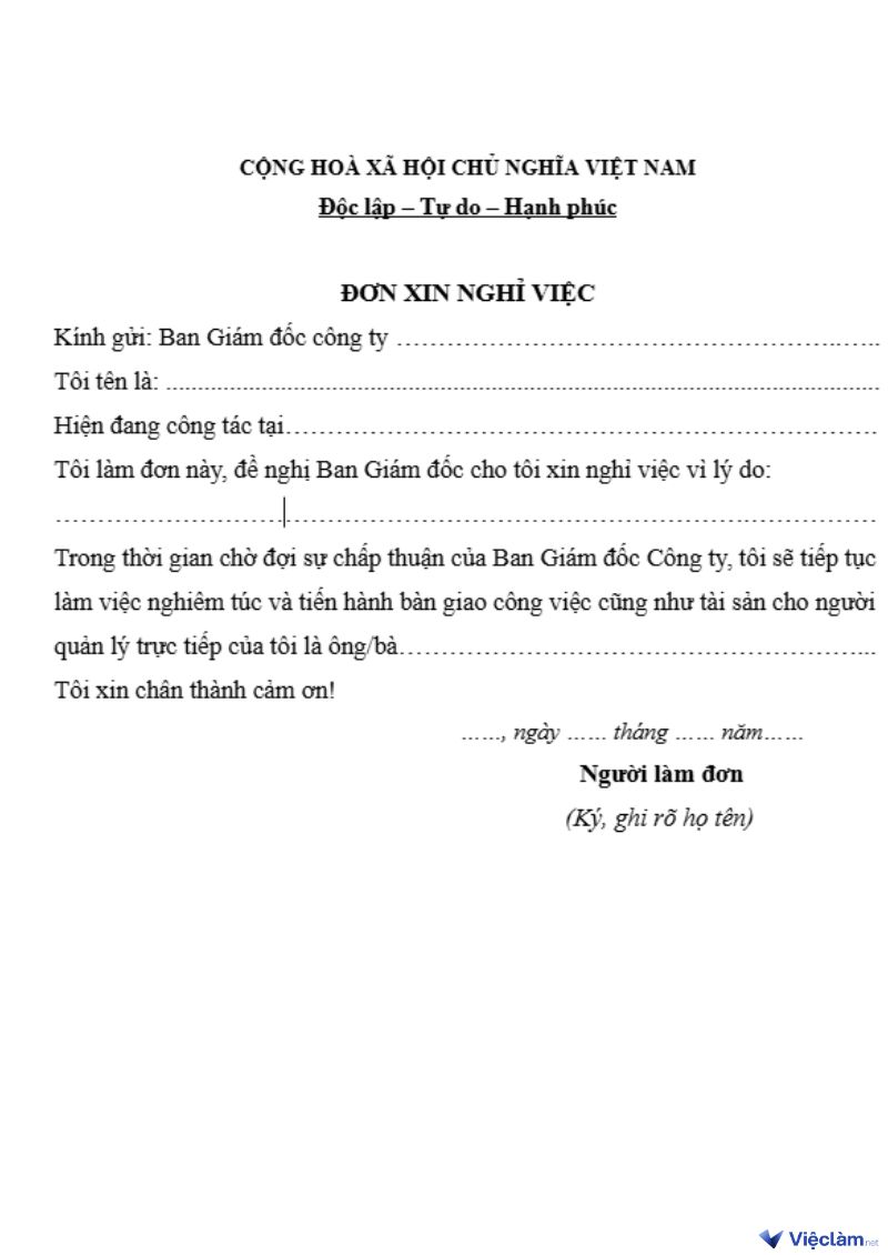 Mẫu đơn xin nghỉ việc viết tay được sử dụng nhiều nhất