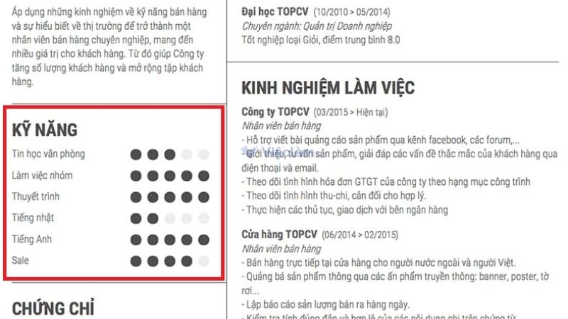 CV là gì? Những sai lầm cần tránh khi viết CV Mục Kỹ năng cần liệt kê các yếu tố phù hợp với công việc đang ứng tuyển.