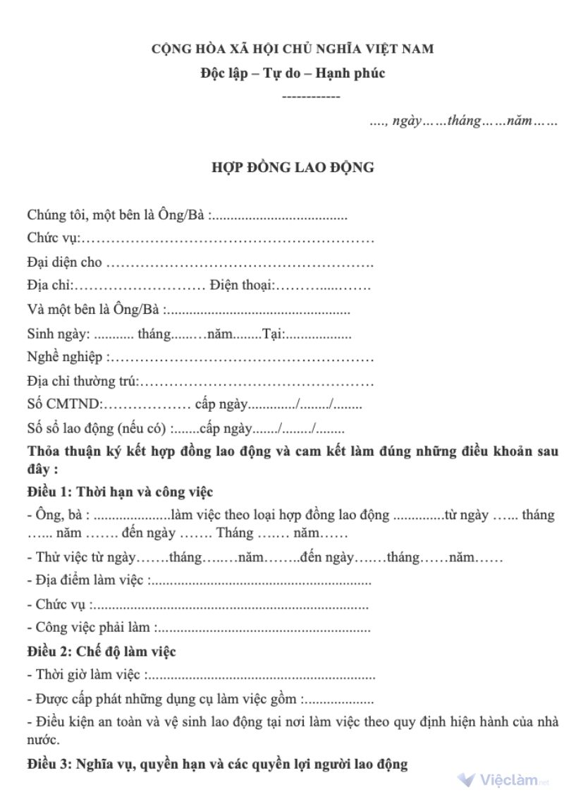 Mẫu hợp đồng lao động phổ thông chuẩn, cập nhật mới nhất 2025 Mẫu hợp đồng lao động kèm thử việc