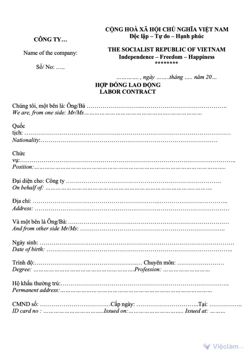 Mẫu hợp đồng lao động phổ thông chuẩn, cập nhật mới nhất 2025 Mẫu hợp đồng song ngữ Anh – Việt