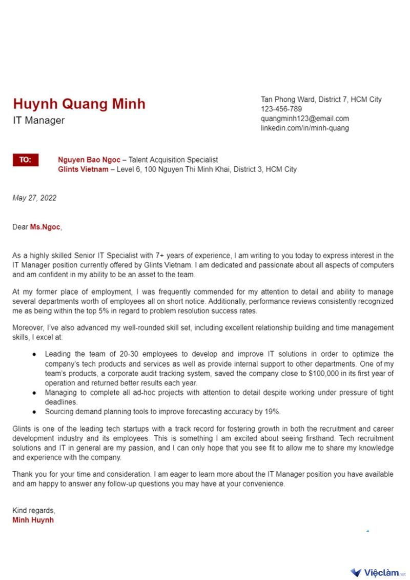 Cách viết Cover Letter Tiếng Anh chuyên nghiệp gây ấn tượng Những mẫu Cover Letter bằng tiếng Anh phù hợp với từng ngành nghề