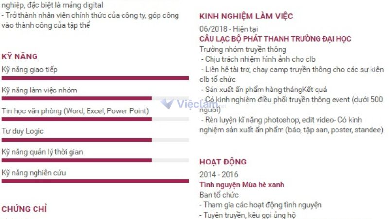 Cách viết CV xin thực tập phần kinh nghiệm làm việc