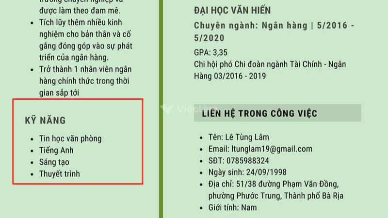 Cách viết CV xin thực tập phần kỹ năng
