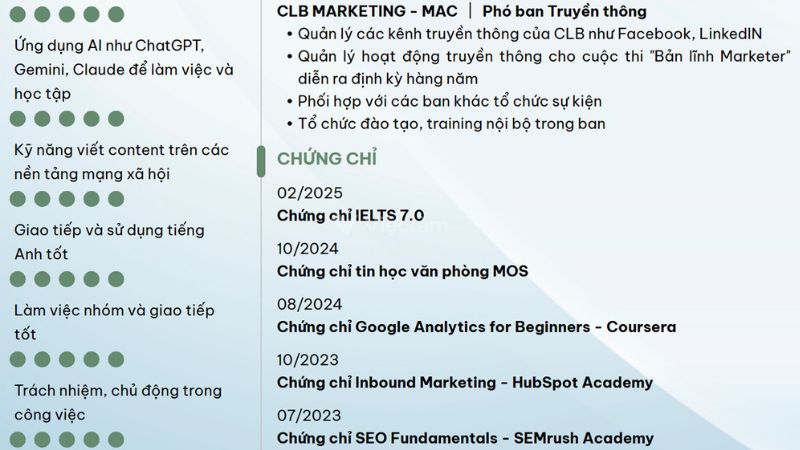 Cách viết CV xin thực tập phần Chứng chỉ & Khóa đào tạo
