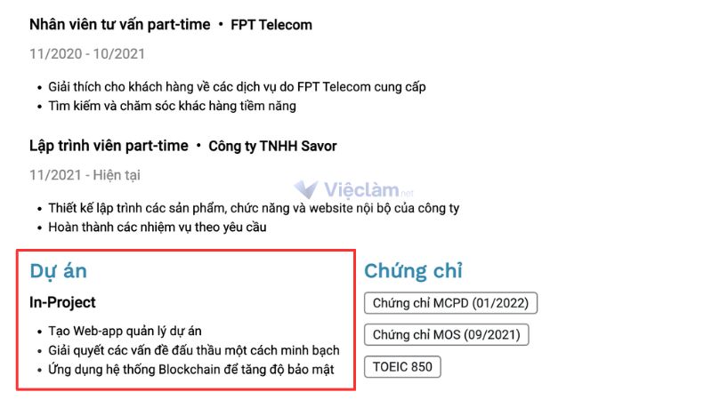 Cách viết CV xin thực tập trình bày dự án hoặc thành tựu nổi bật