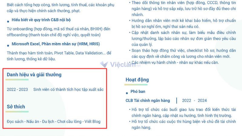 Cách viết CV xin thực tập phần hoạt động ngoại khóa, sở thích