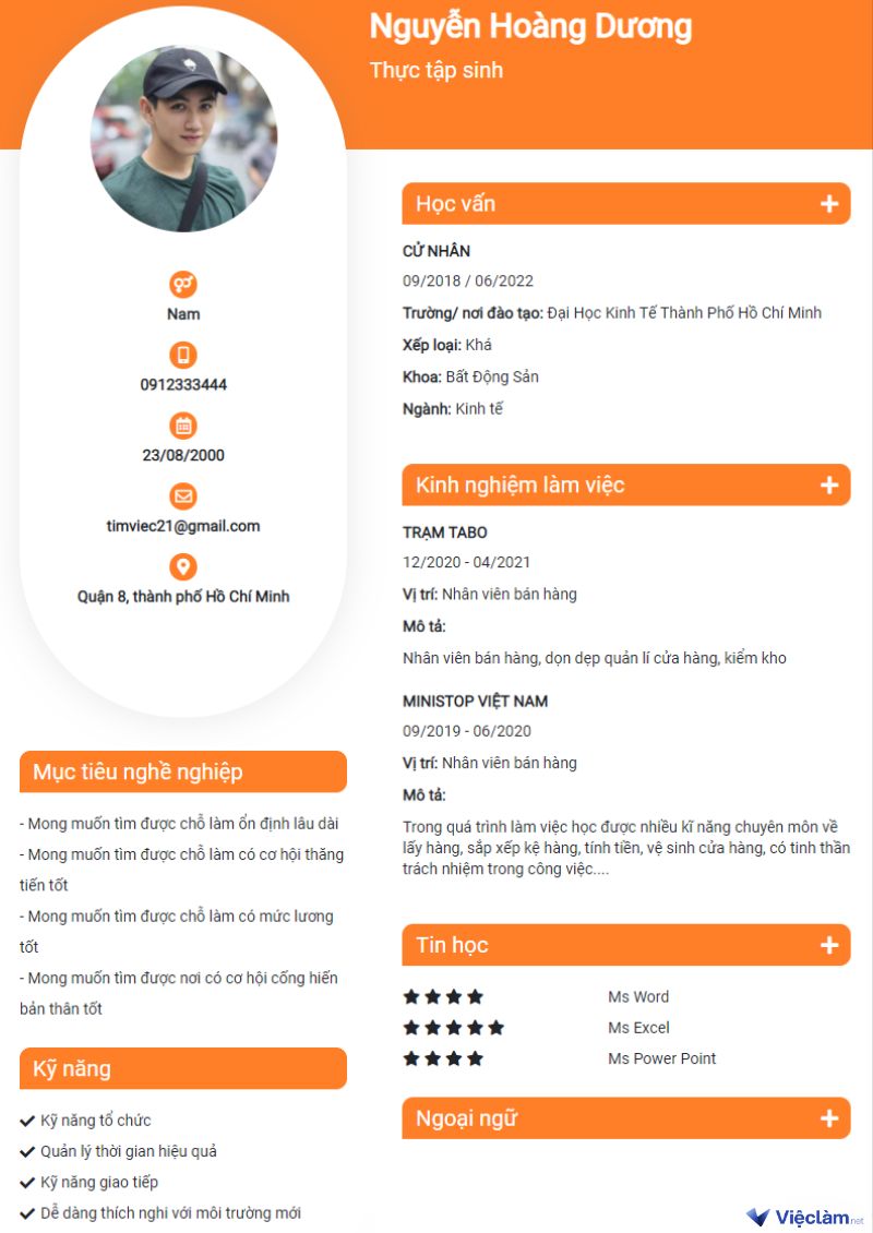 Mẫu CV cho sinh viên chưa có kinh nghiệm
