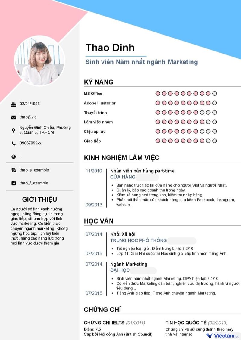 Mẫu CV cho sinh viên năm nhất