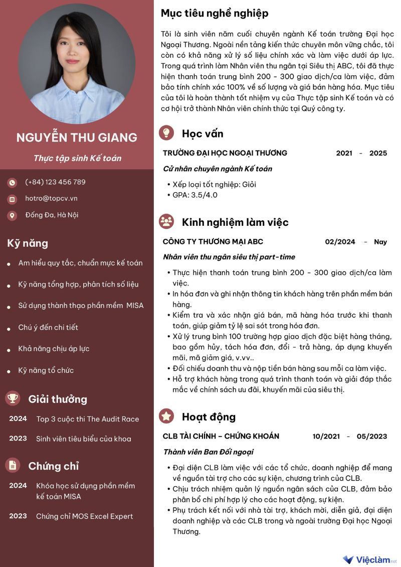 Mẫu CV thực tập sinh ngành Kế toán