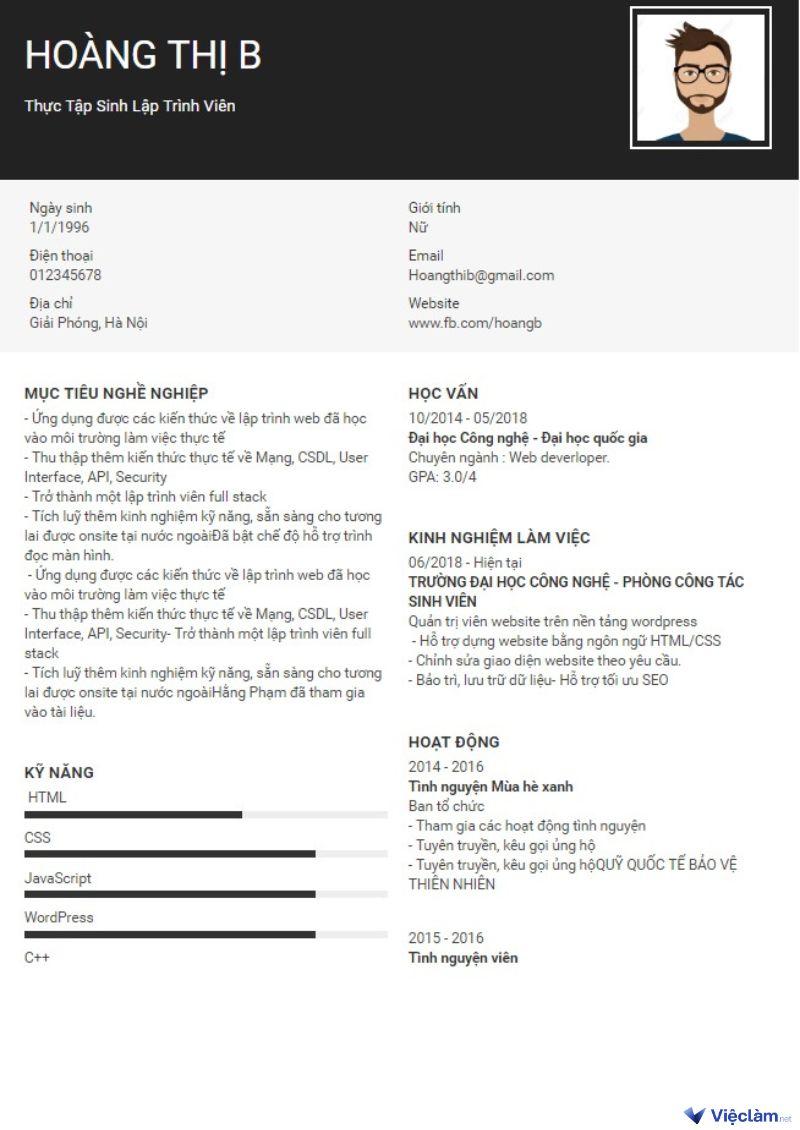 CV thực tập sinh ngành IT/Lập trình