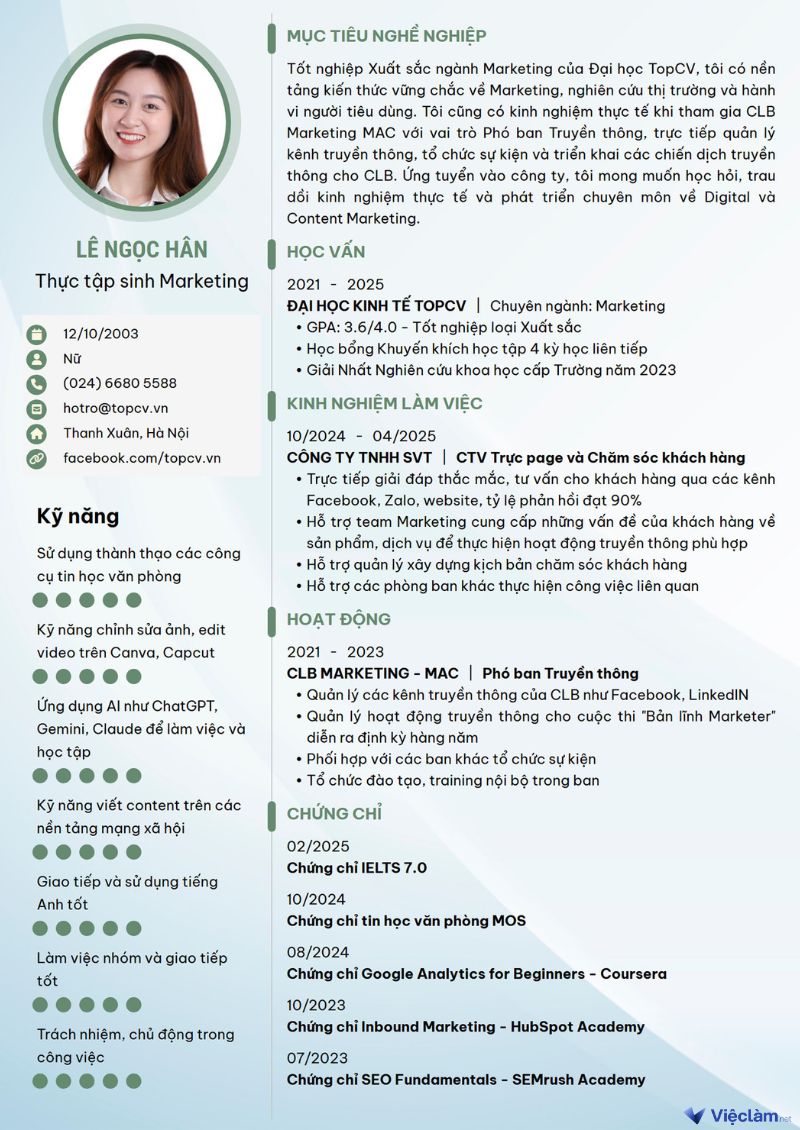 CV thực tập sinh ngành Marketing